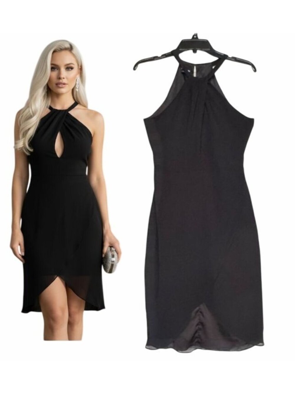⭐Bebe Sz 4 Black Halter Dress Scalloped Twist Chiffon Tulip Keyhole Lined Party